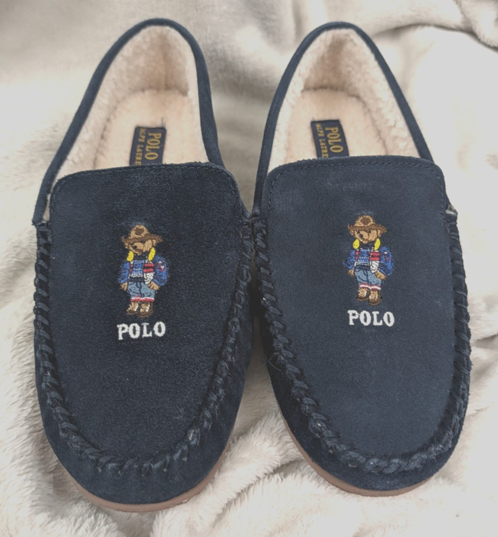 NWOB Polo Ralph Lauren men's sz 8 Collins Apre Ski Bear Slippers memory foam blu